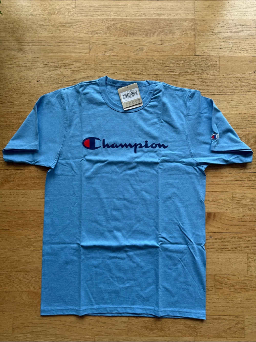 Champion Men’s Sky Blue Logo T-Shirt with Navy & Red Accents